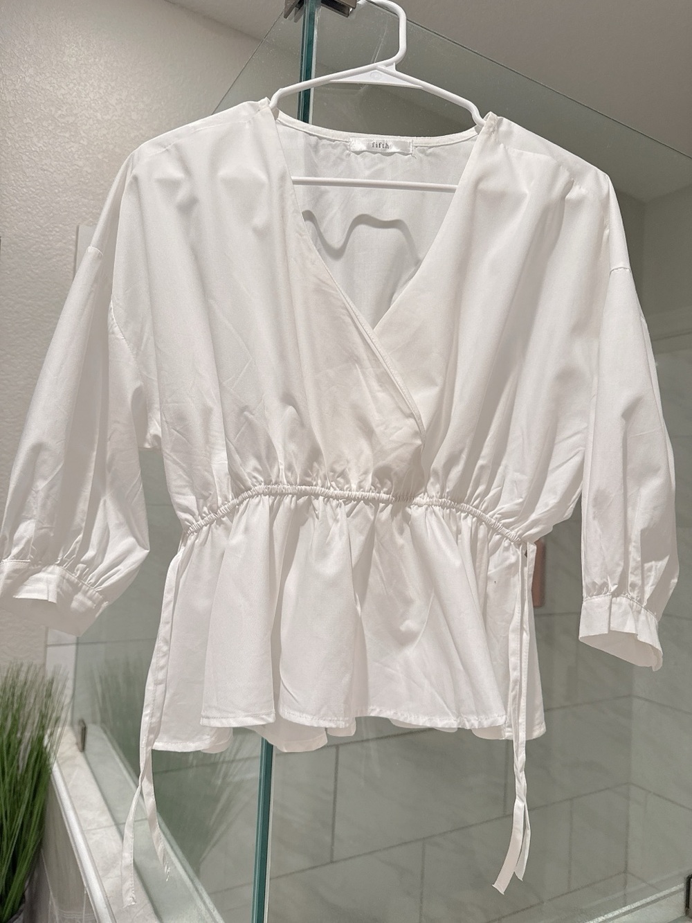 Cropped White Wrap Peplum Blouse with Elastic Waist